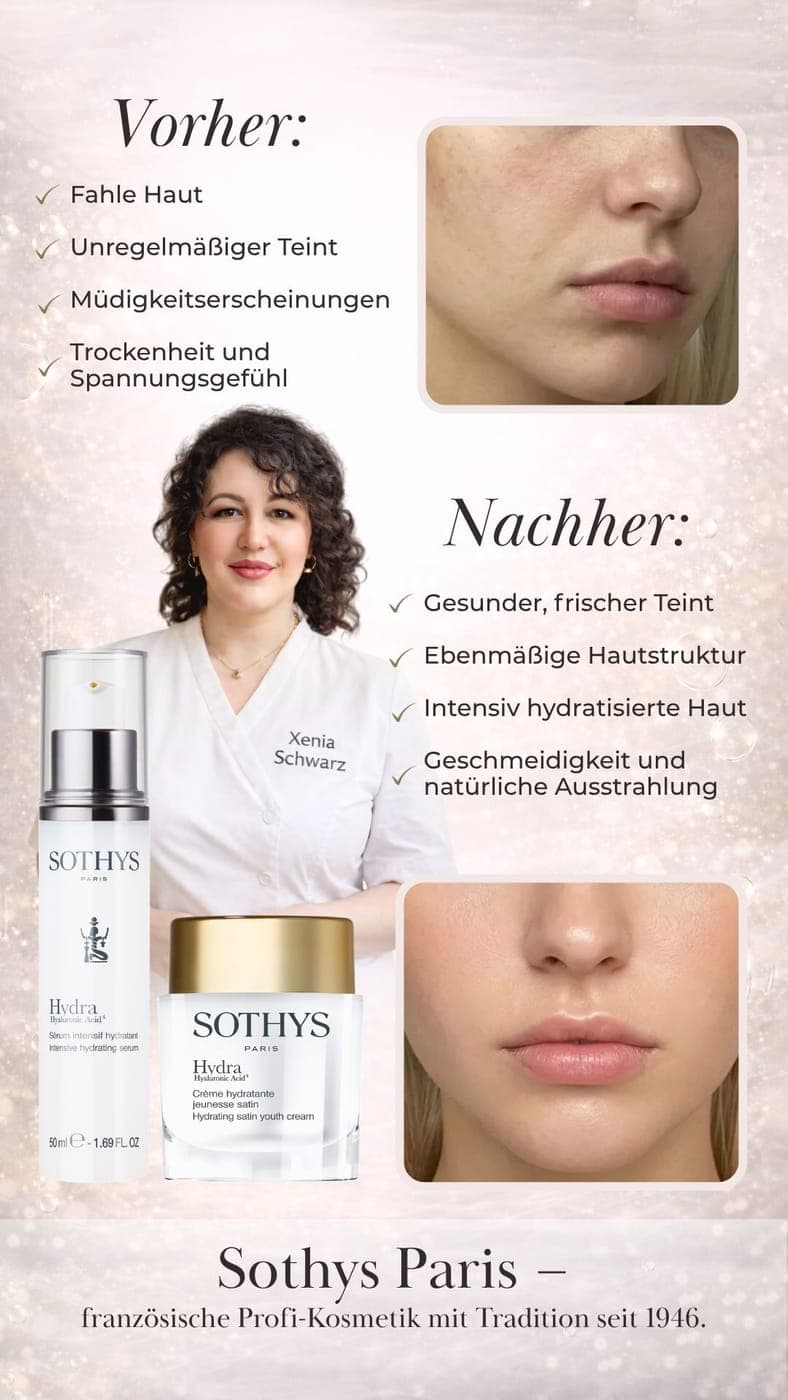 Vorher-Nachher-Vergleich der Sothys Hydra-Pflege: von fahler Haut zu einem frischen, hydratisierten Teint